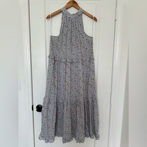 Calista Blue Ditsy Floral Halter Neck Flowy Tiered Midi Romantic Boho Dress M